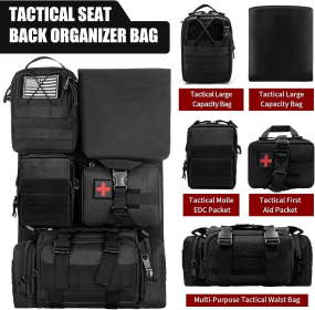 Tactical Seat Back Organizer,Universal Molle Car Seat Back Organizer with 5 Detachable Molle Pouch, Fits for Most of Vehicle, Black